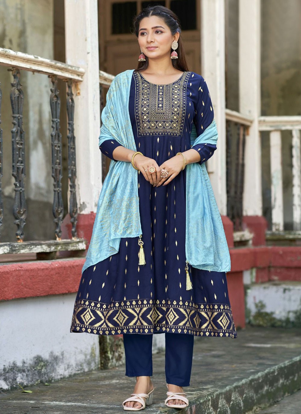 Anarkali Embroidered Navy Blue Rayon T5630