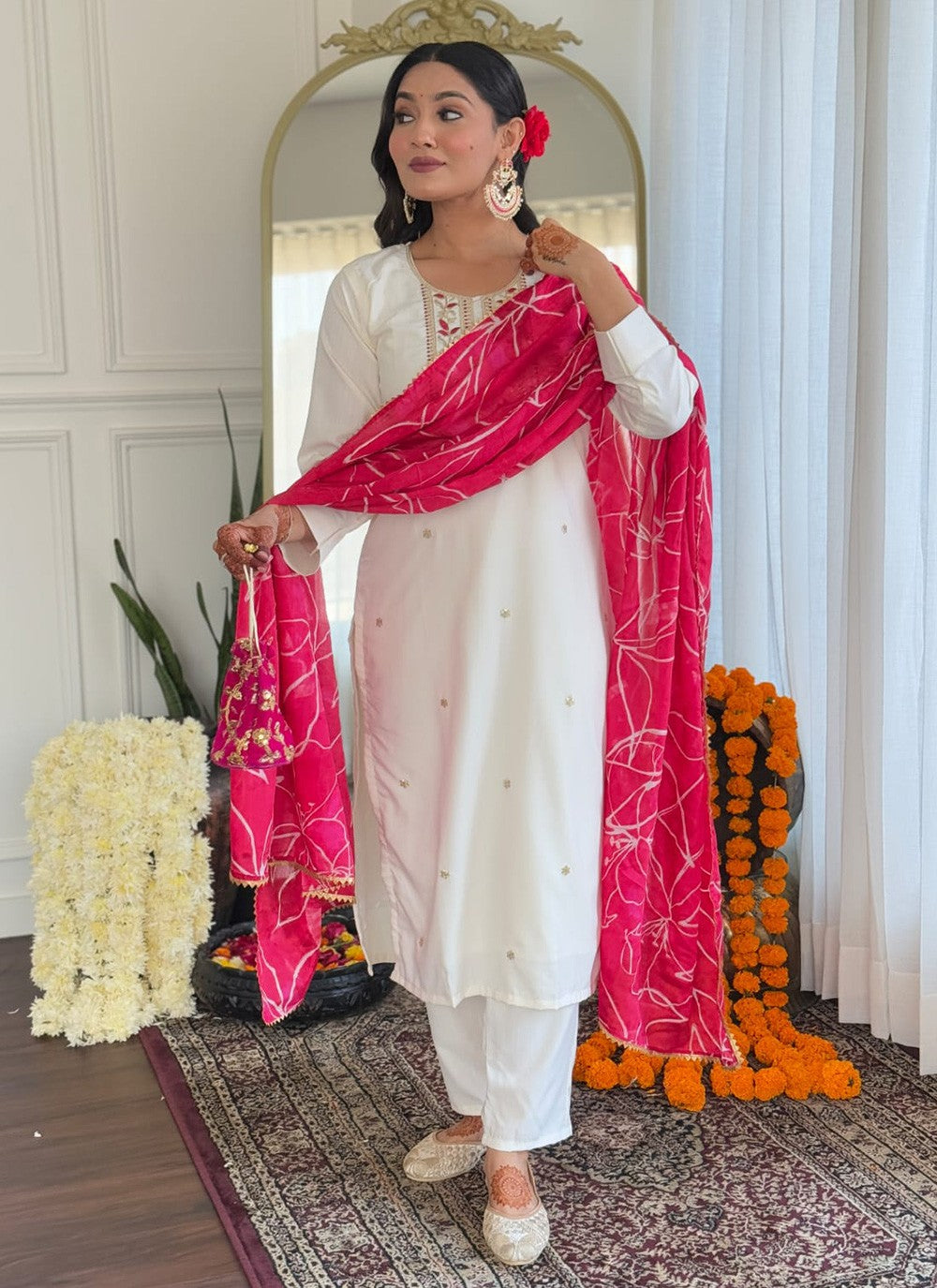 Embroidered Rayon White Pant Style Suit T6402
