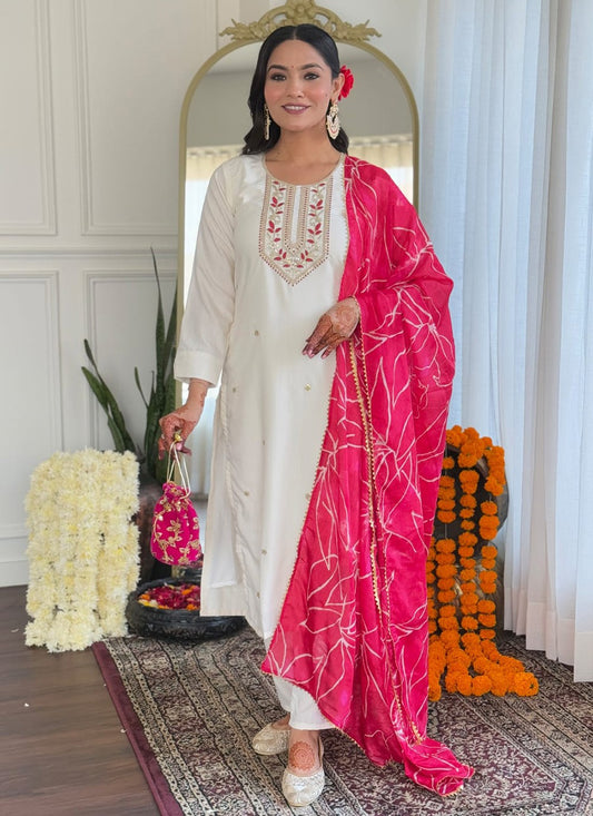 Embroidered Rayon White Pant Style Suit T6402