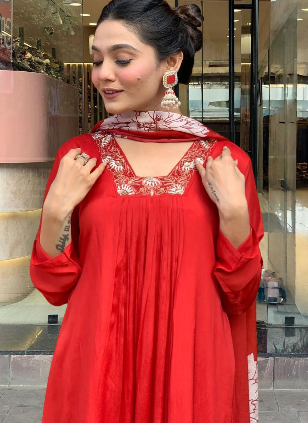 Pant Style Suit Embroidered Red T8076