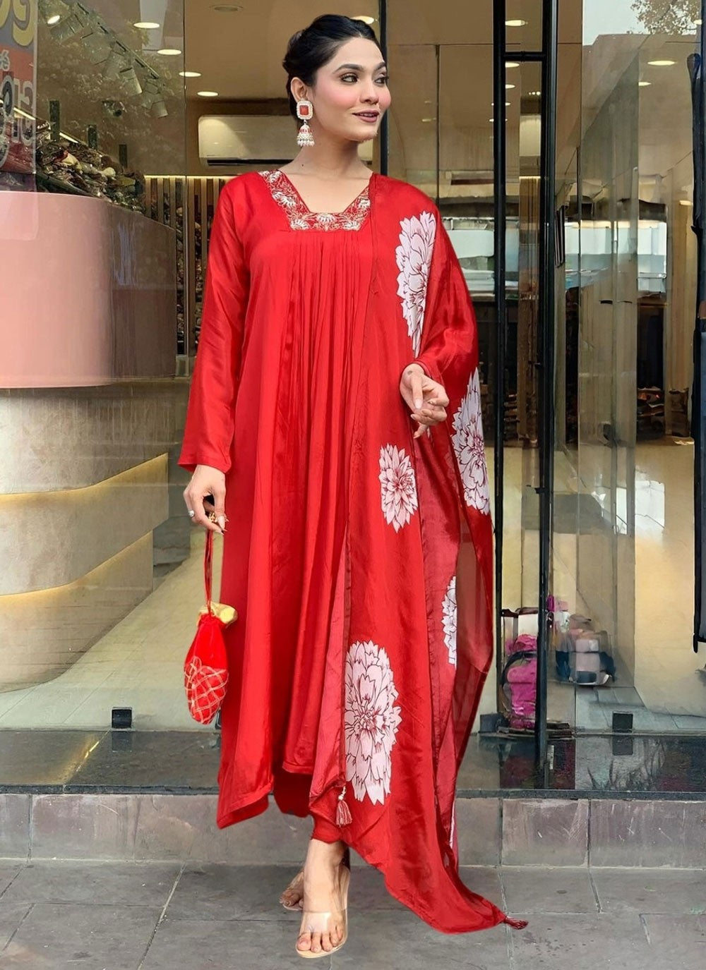 Pant Style Suit Embroidered Red T8076