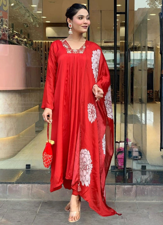Pant Style Suit Embroidered Red T8076