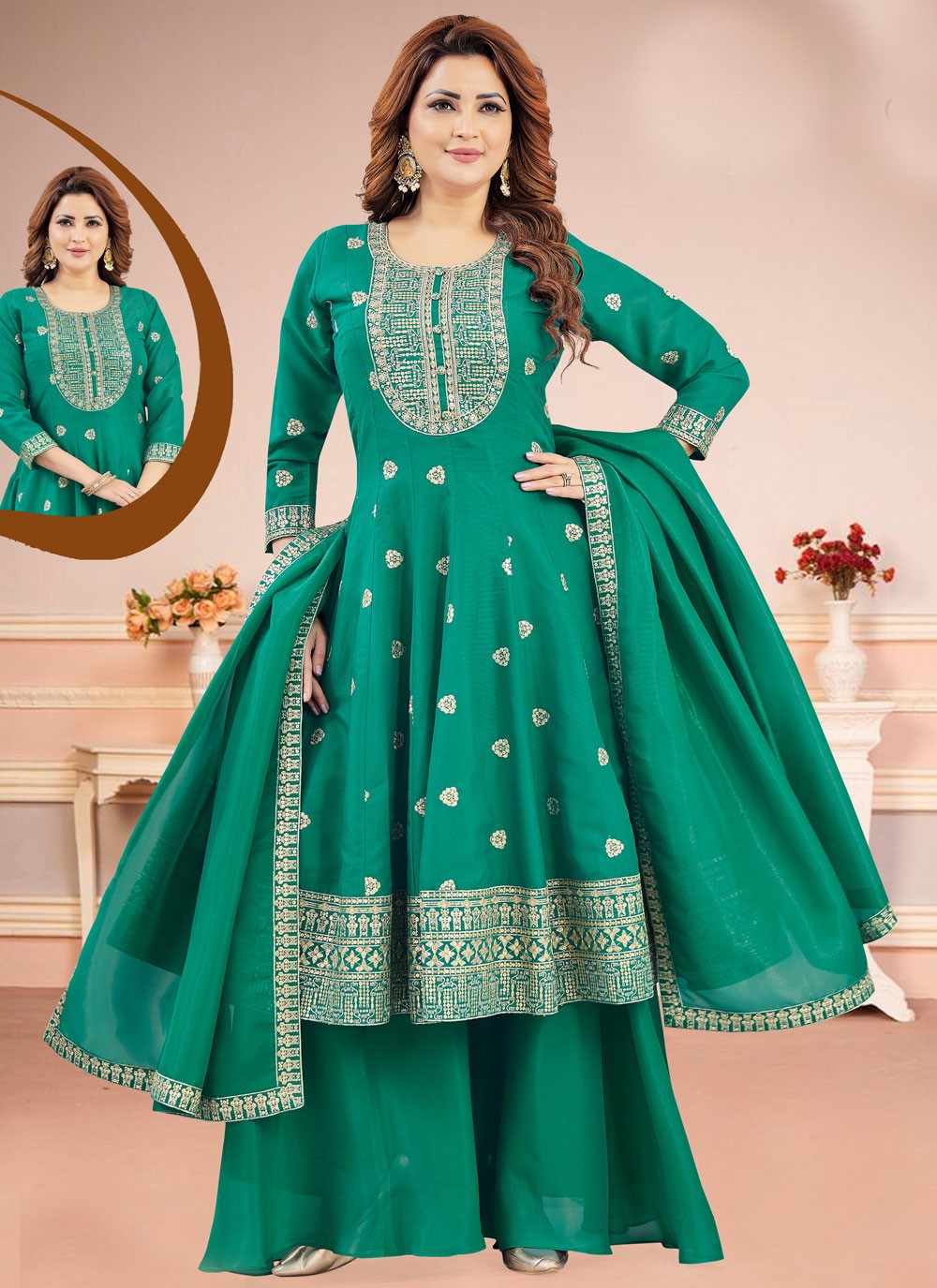 Salwar Suit Embroidered Green, Teal Silk T5820