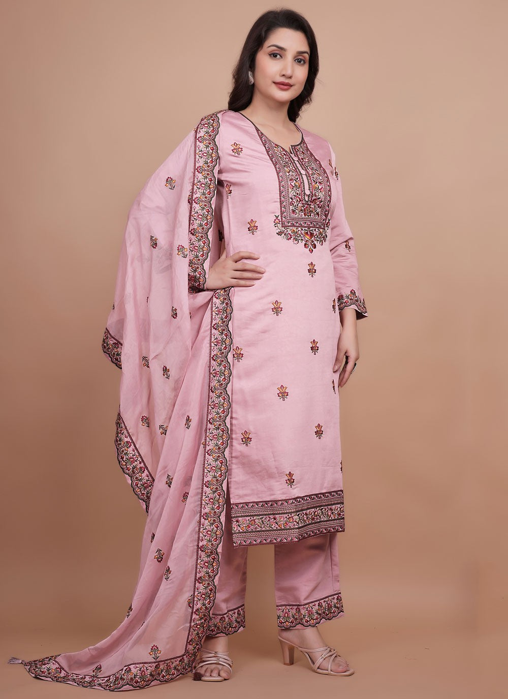 Pant Style Suit Embroidered Pink T7710