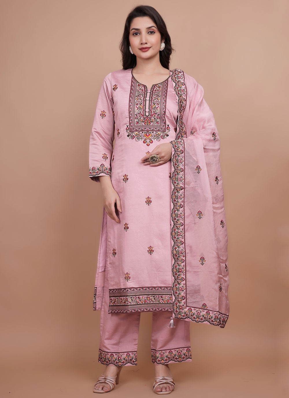 Pant Style Suit Embroidered Pink T7710