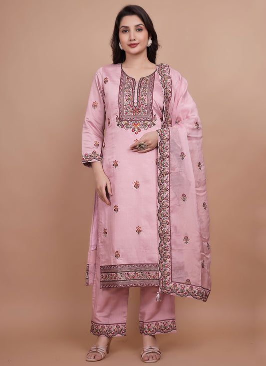 Pant Style Suit Embroidered Pink T7710