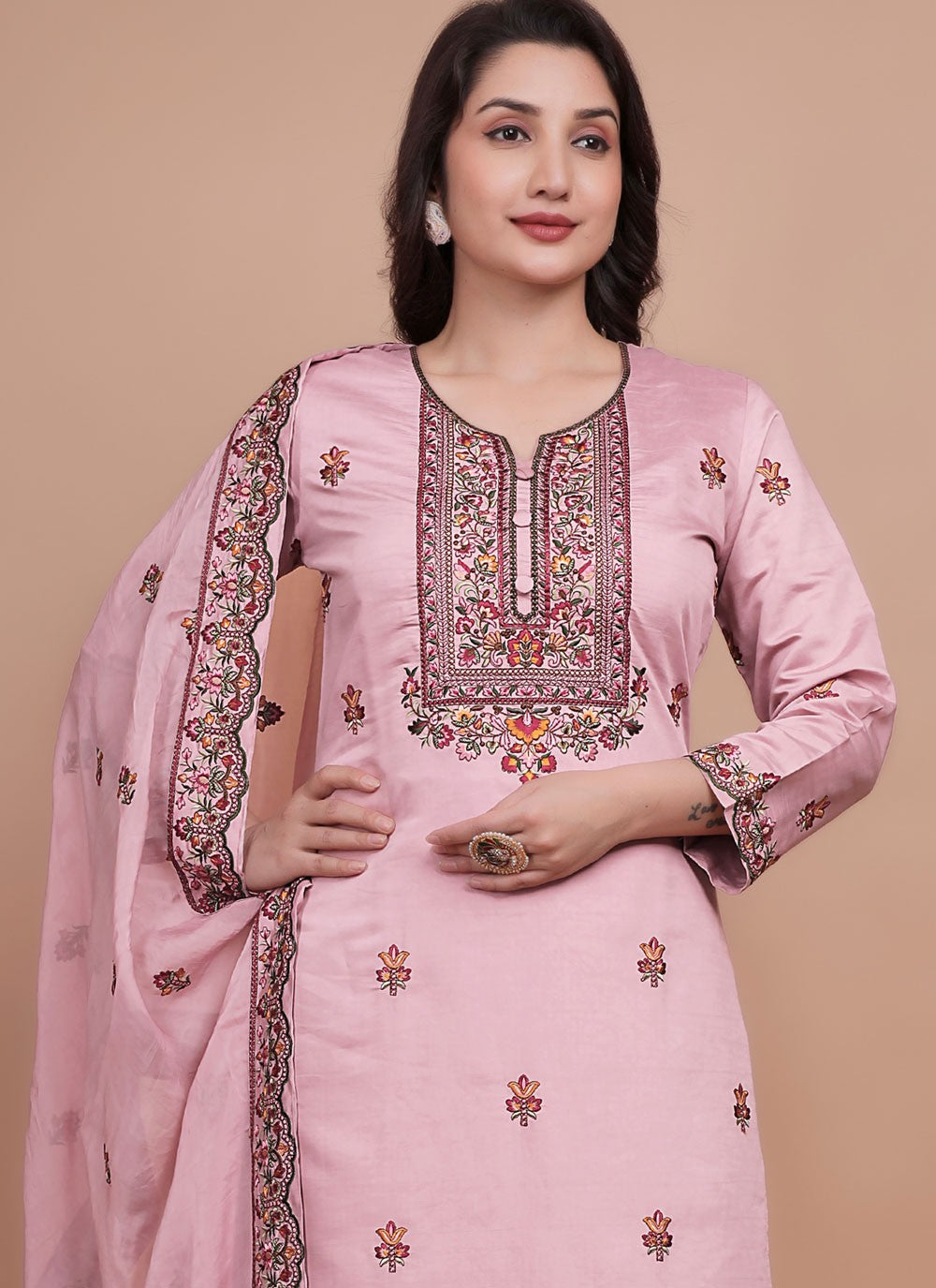 Pant Style Suit Embroidered Pink T7710