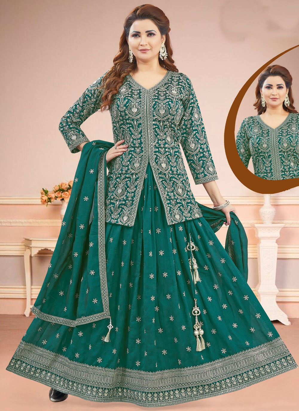 Embroidered Silk Green Lehenga Choli L3464