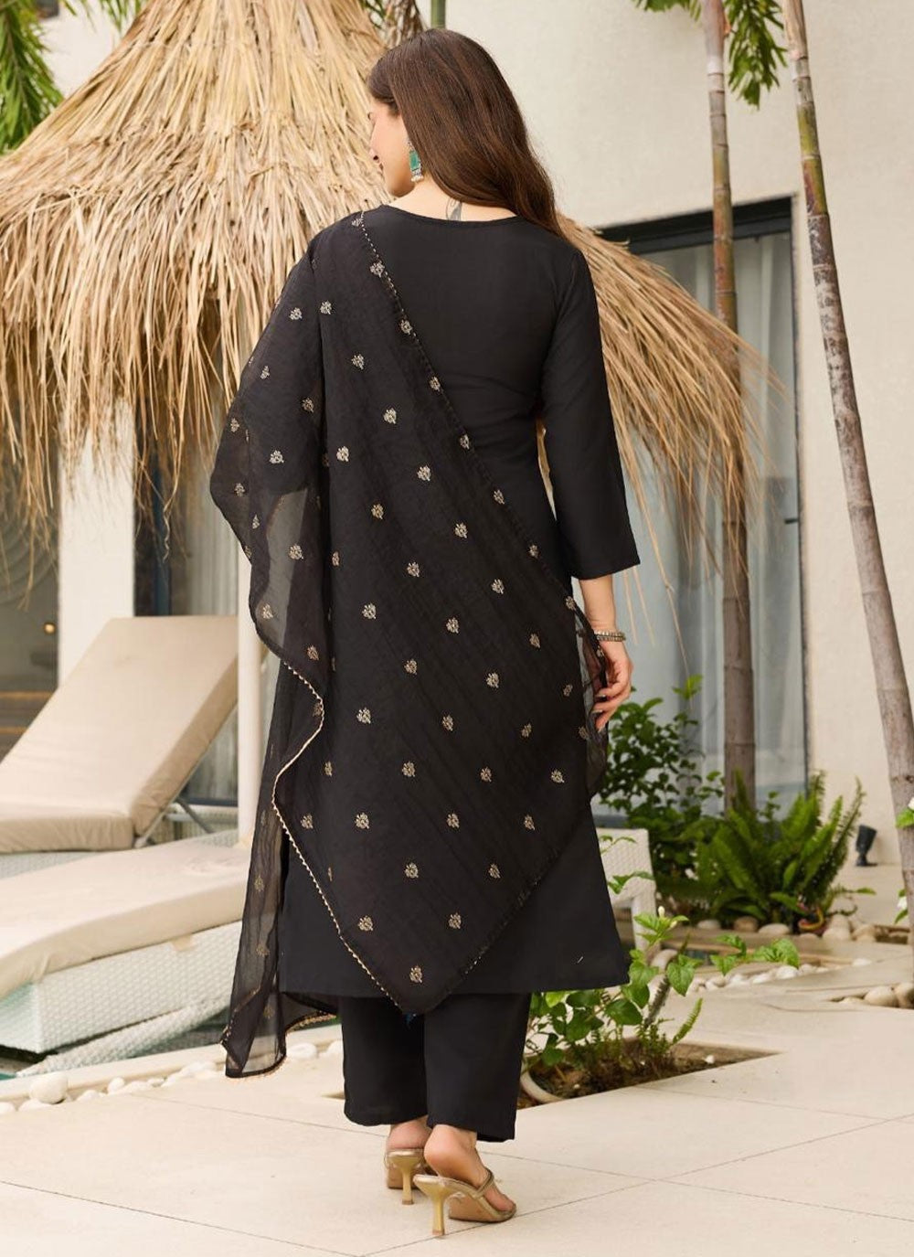 Pant Style Suit Embroidered Black T8121
