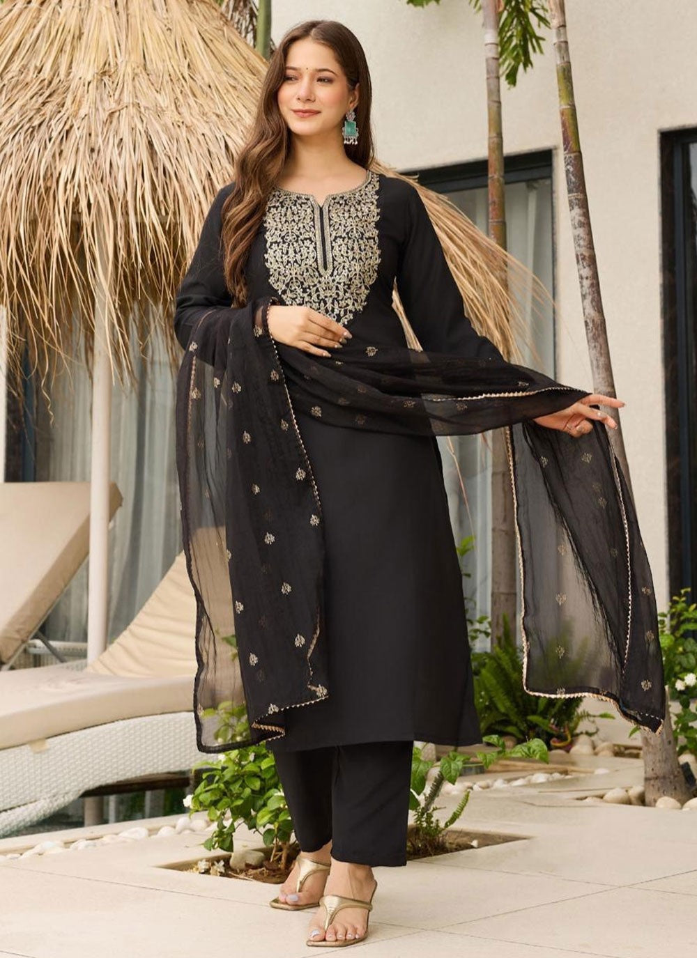Pant Style Suit Embroidered Black T8121