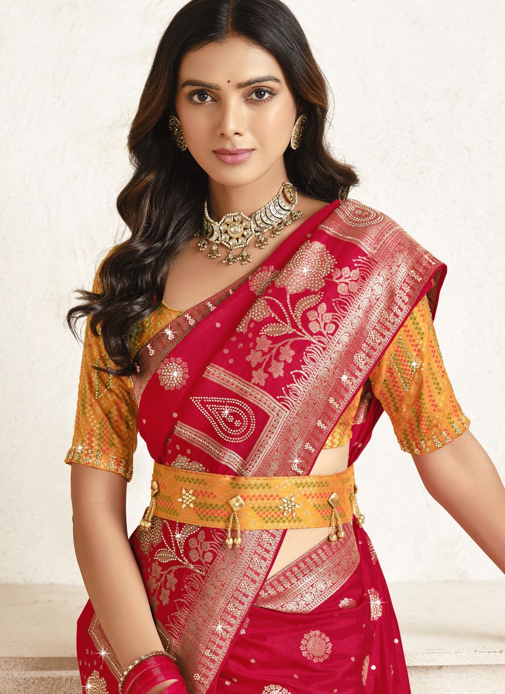 Contemporary Embroidered Red Silk Saree S12862