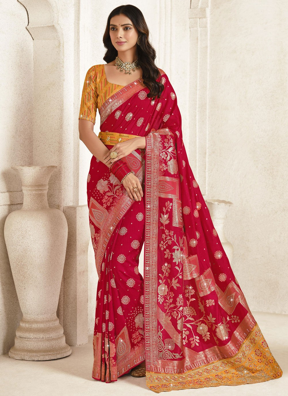 Contemporary Embroidered Red Silk S12862