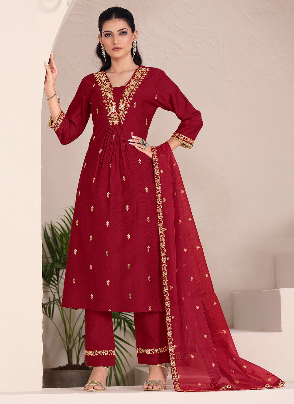 Pant Style Suit Embroidered Maroon T7537