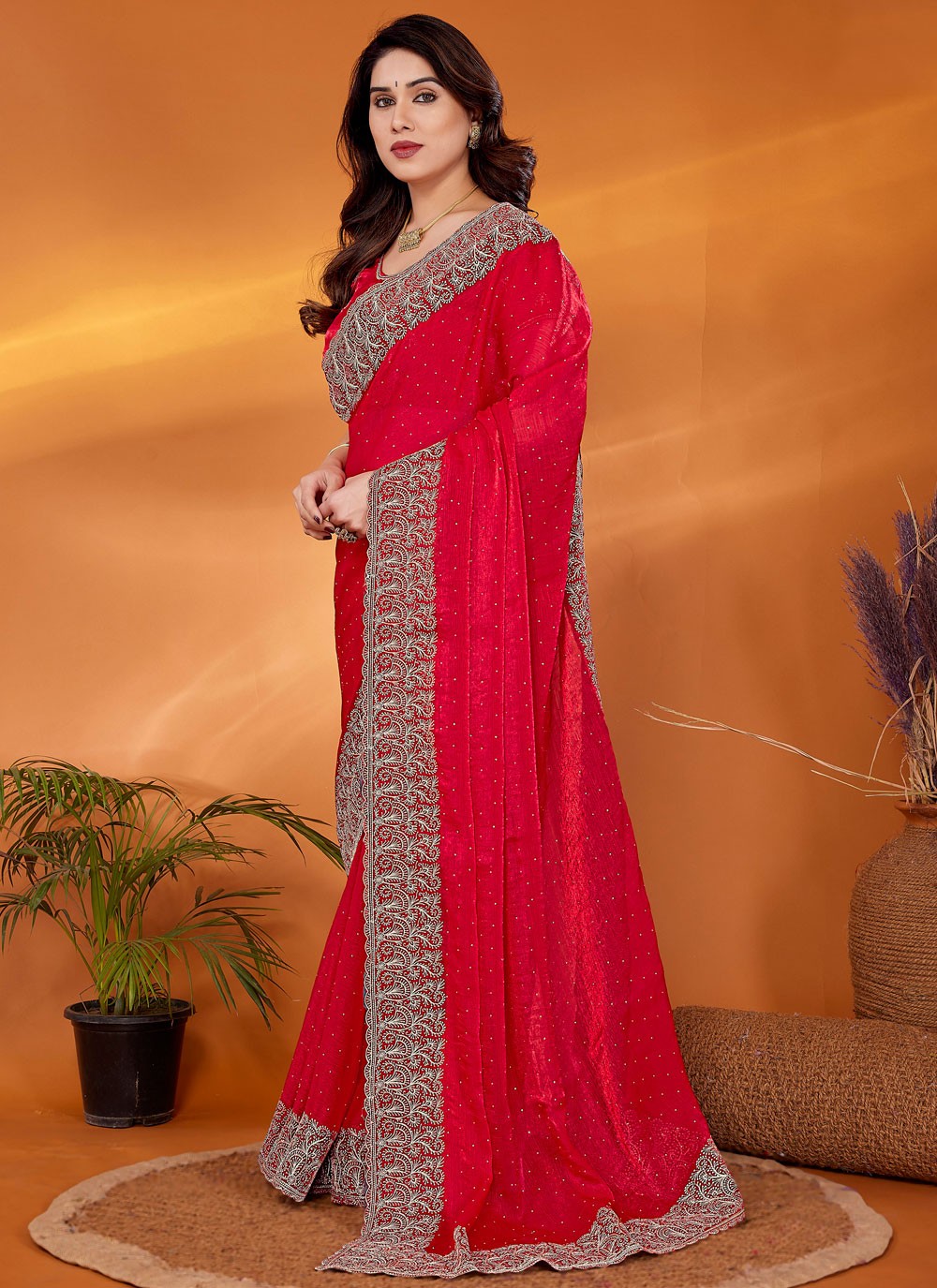 Embroidered Chiffon Red Classic Saree S14915
