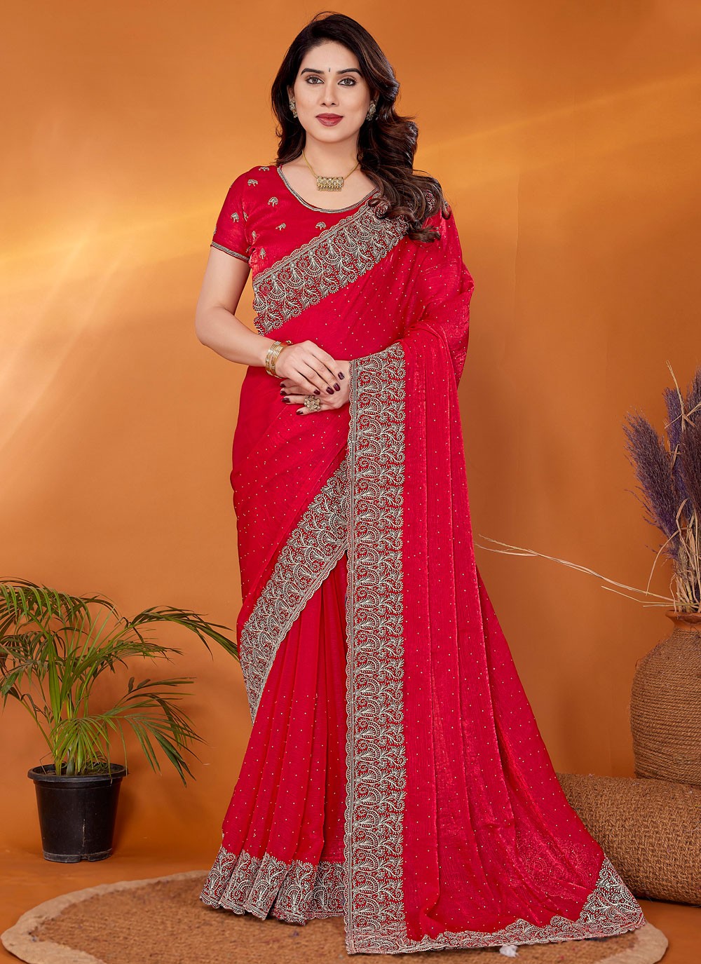 Embroidered Chiffon Red Classic Saree S14915