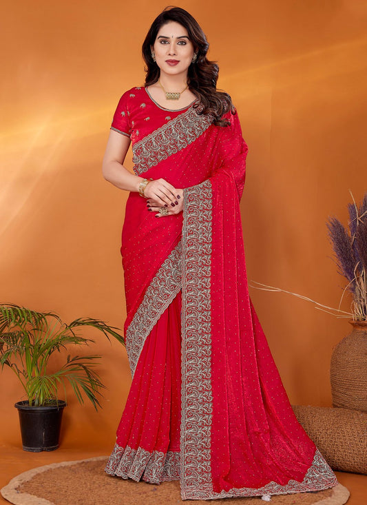 Embroidered Chiffon Red Classic Saree S14915