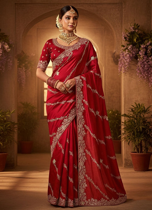 Red Satin Silk Classic Saree Aari Work, Embroidered, Sequins S20039