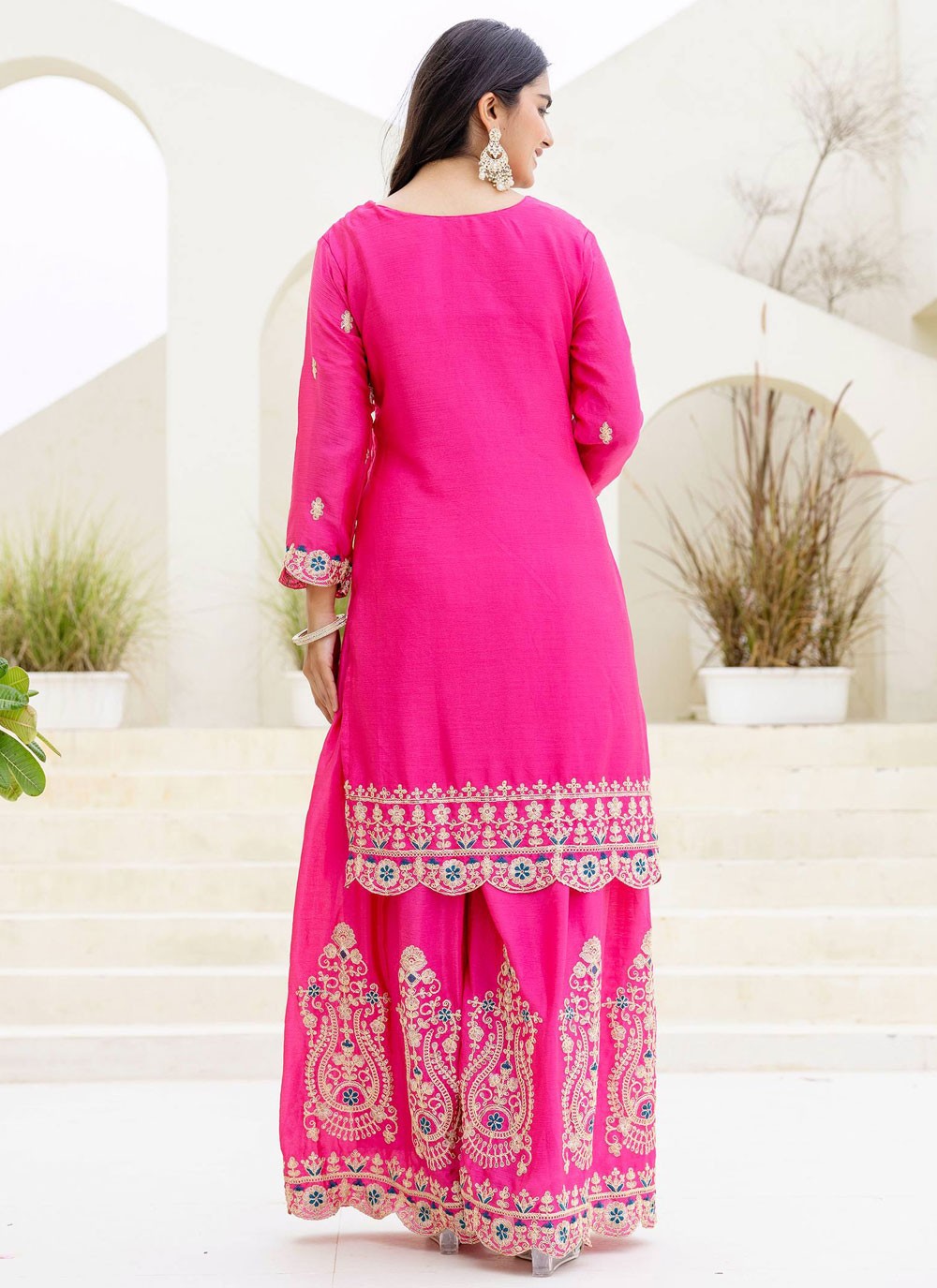 Palazzo Suit Embroidered, Zari Pink T8081