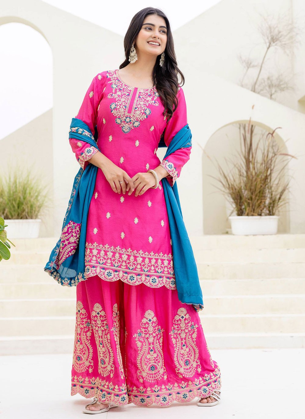 Palazzo Suit Embroidered, Zari Pink T8081
