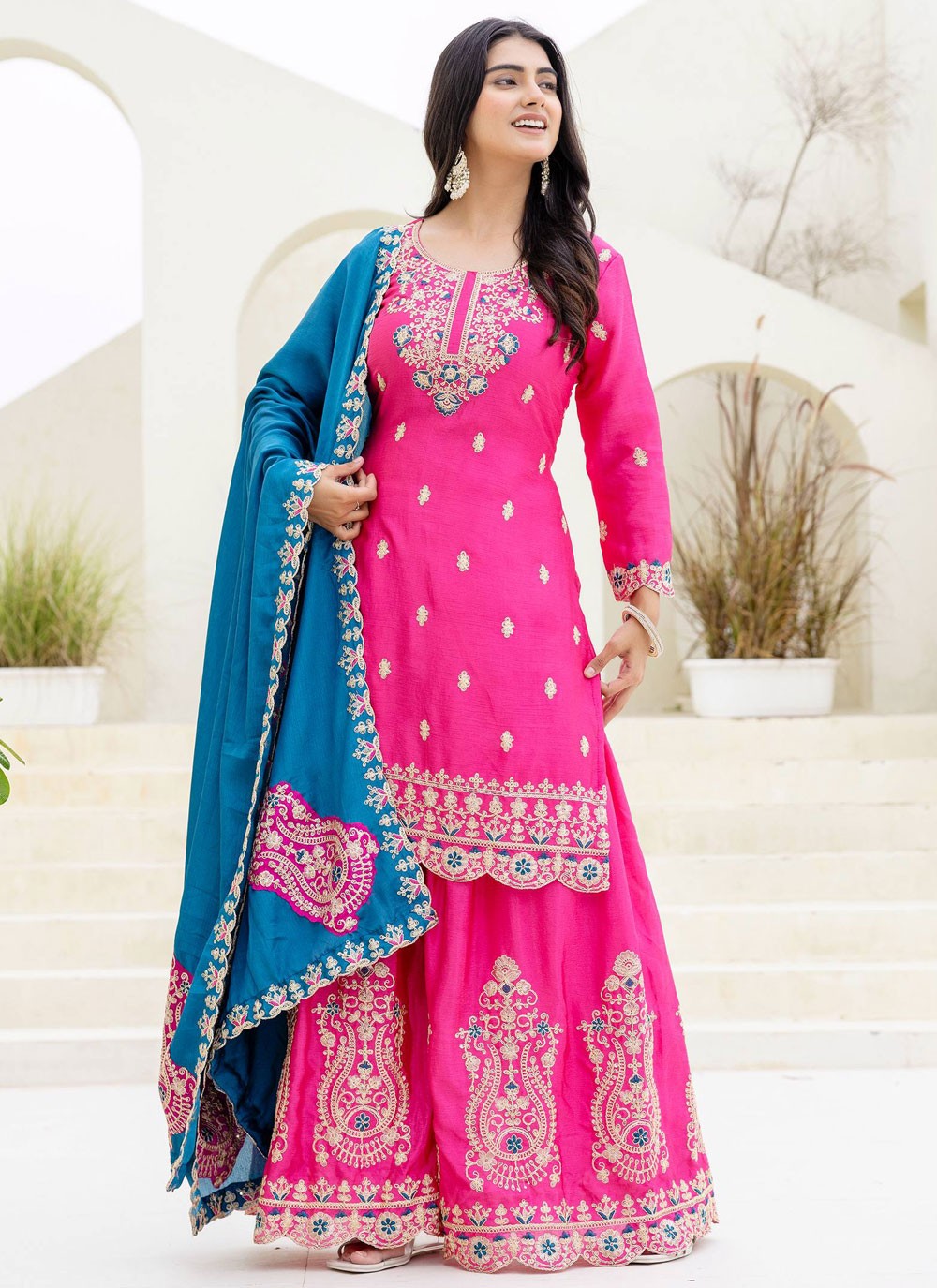 Palazzo Suit Embroidered, Zari Pink T8081