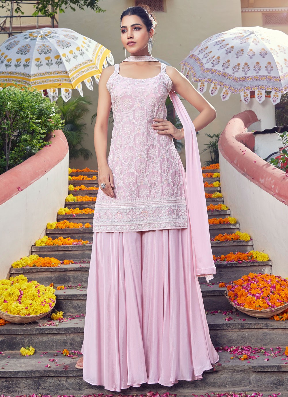 Embroidered Georgette Sharara - T4795