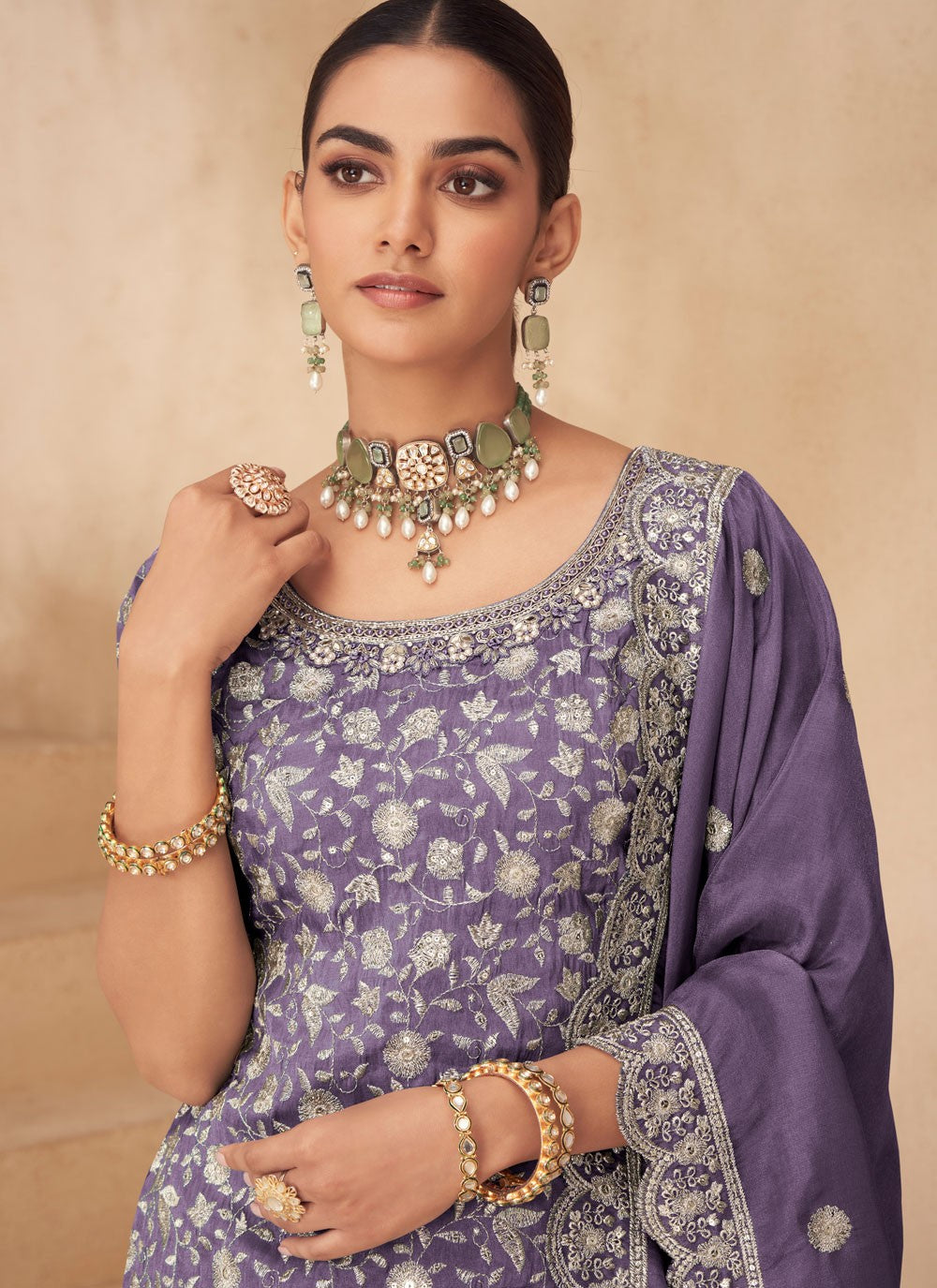 Palazzo Suit Beads, Embroidered Lavender T8289