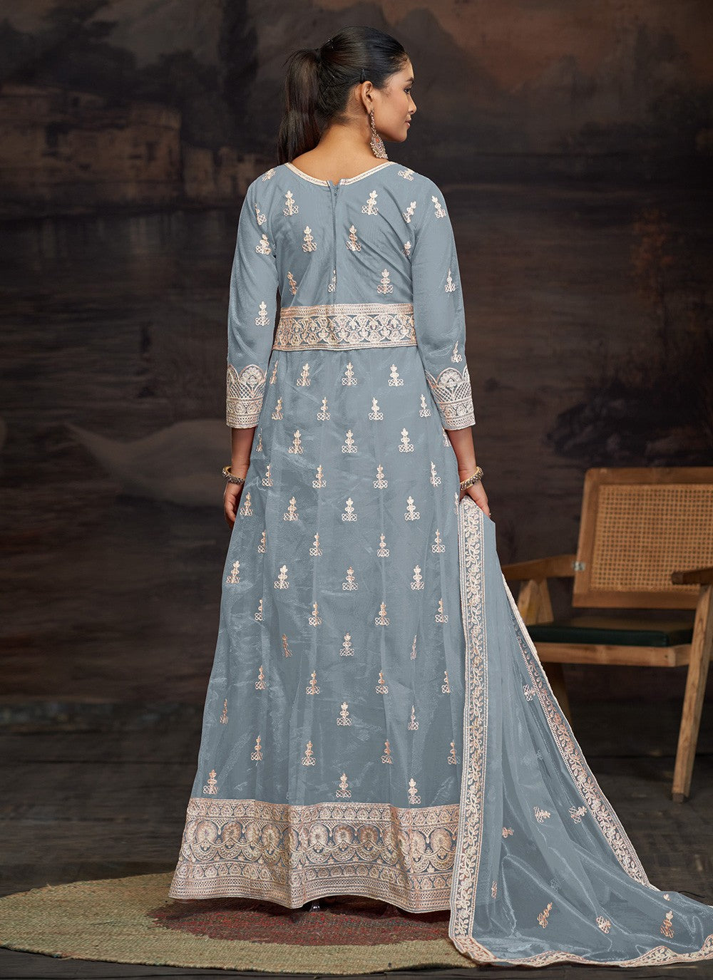Anarkali Embroidered Firozi T7011