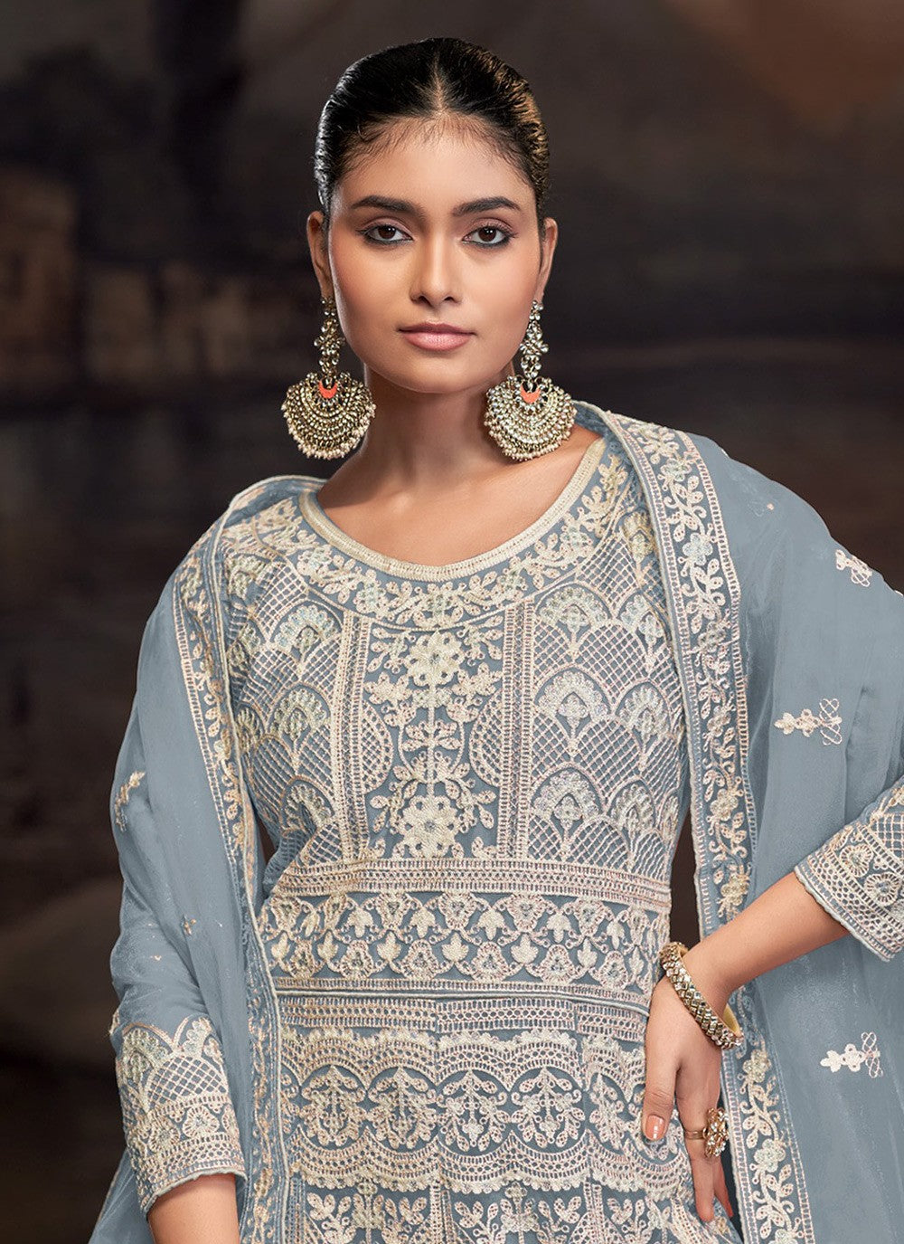 Anarkali Embroidered Firozi T7011