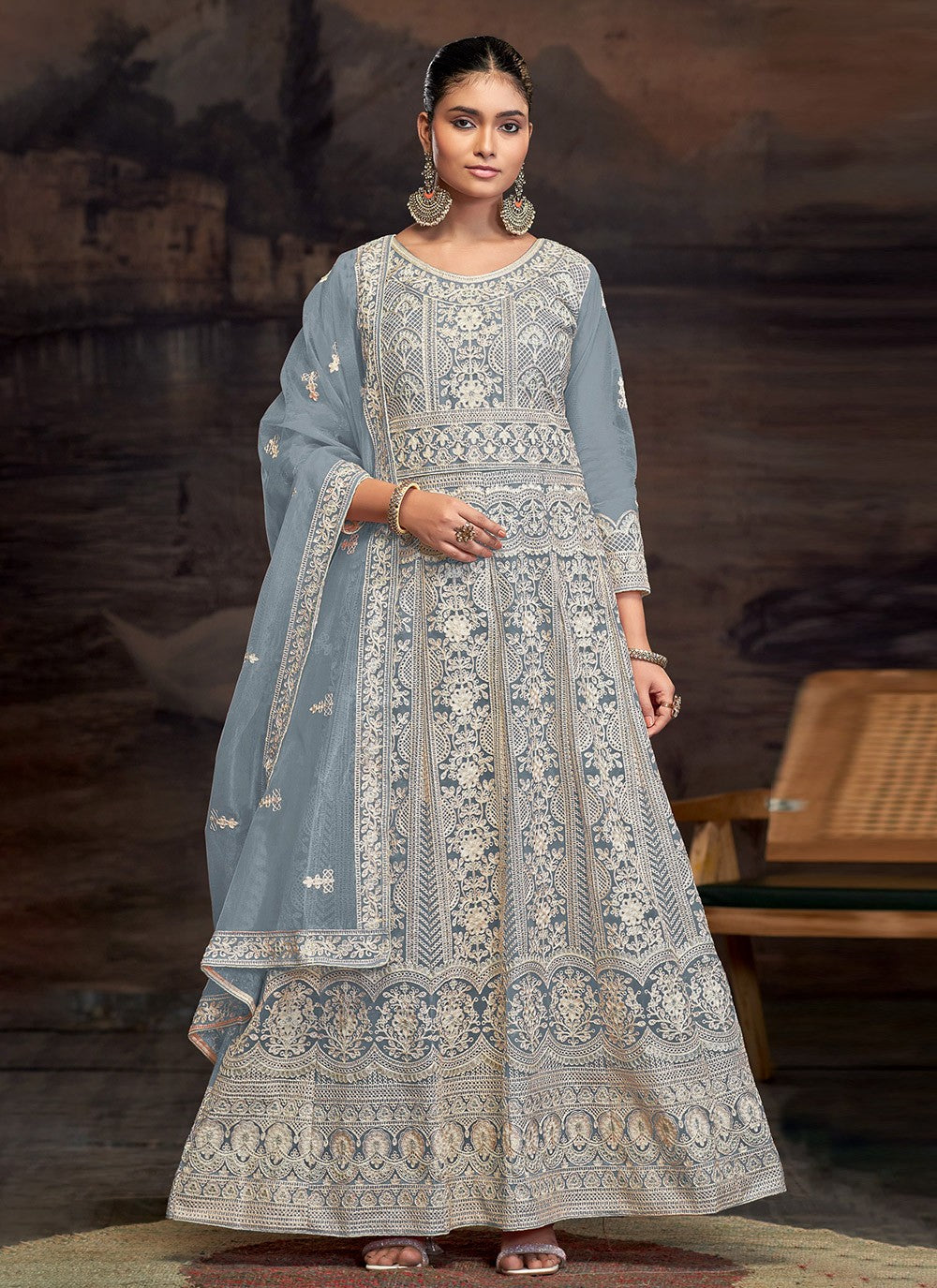 Anarkali Embroidered Firozi T7011