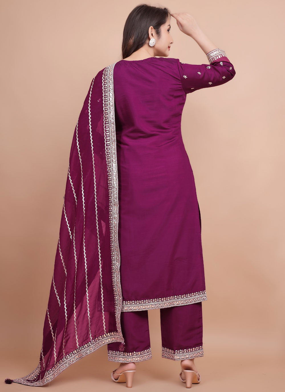 Pant Style Suit Embroidered, Zari Purple T7703