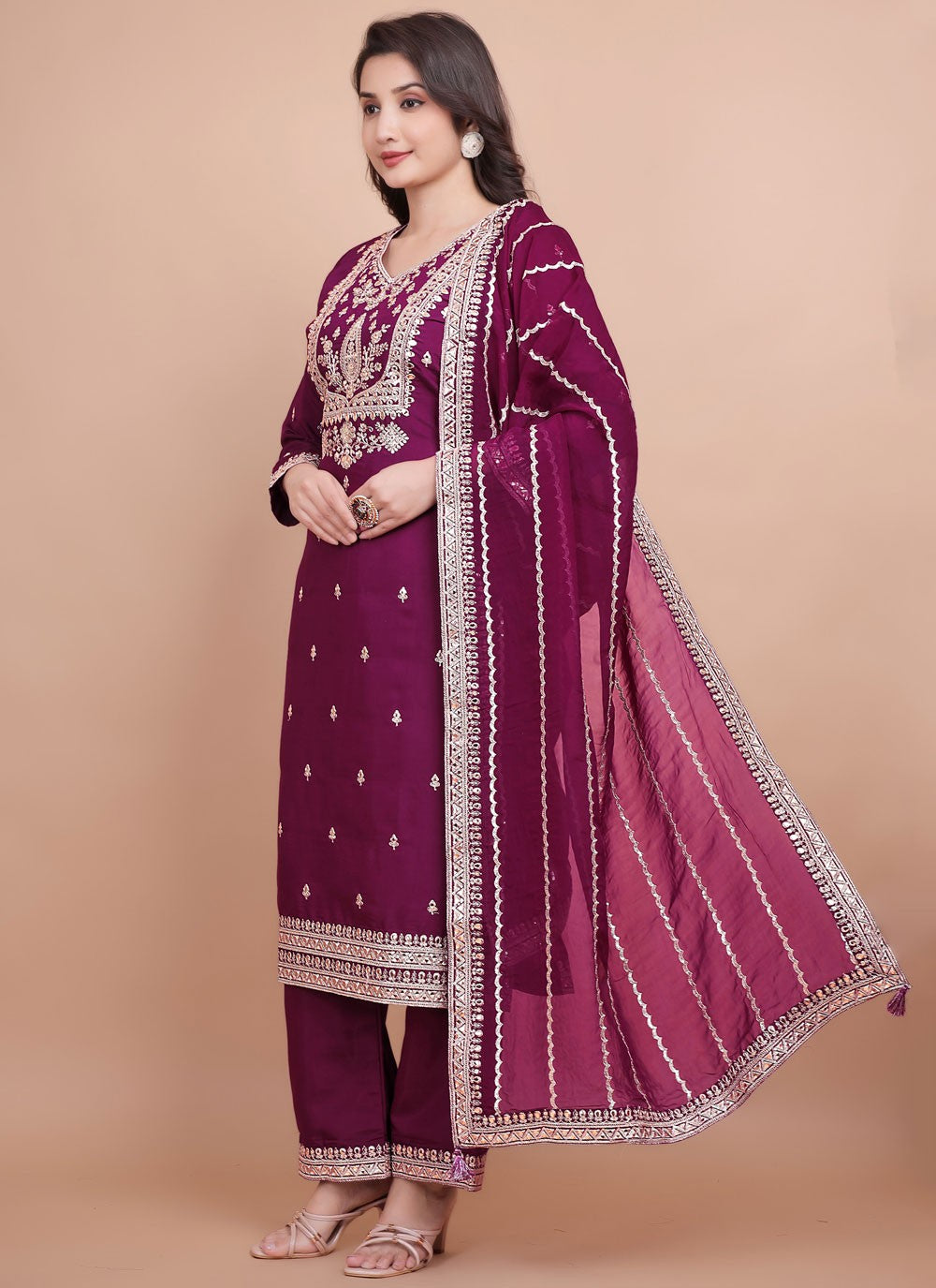 Pant Style Suit Embroidered, Zari Purple T7703