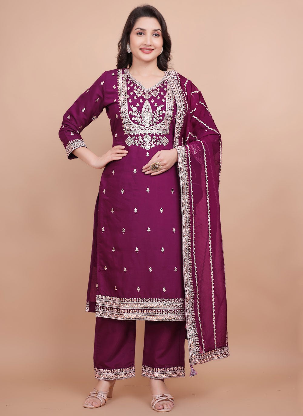 Pant Style Suit Embroidered, Zari Purple T7703