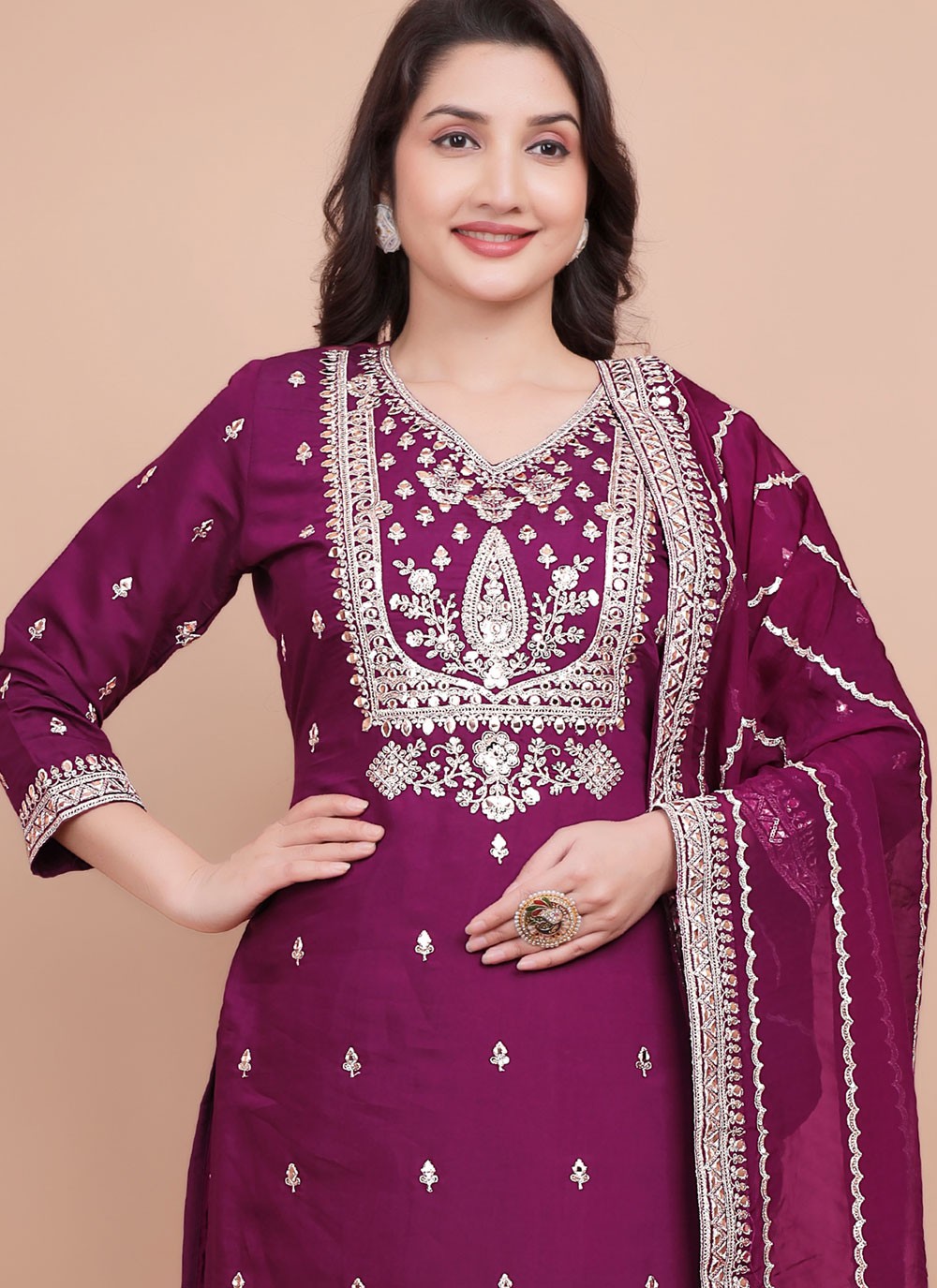 Pant Style Suit Embroidered, Zari Purple T7703