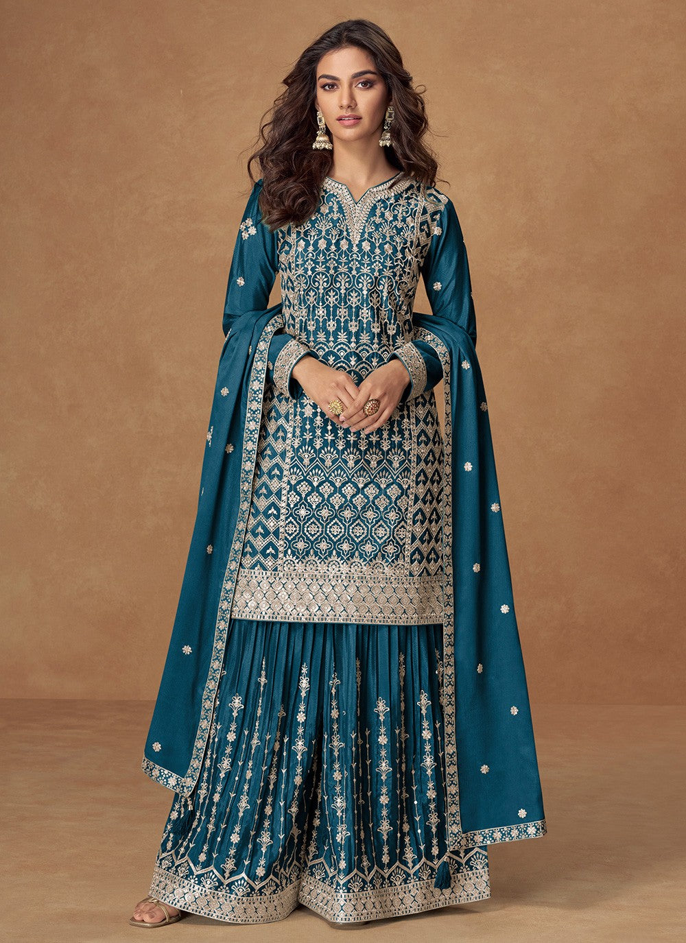 Sharara Suit Embroidered, Zari Teal T8058