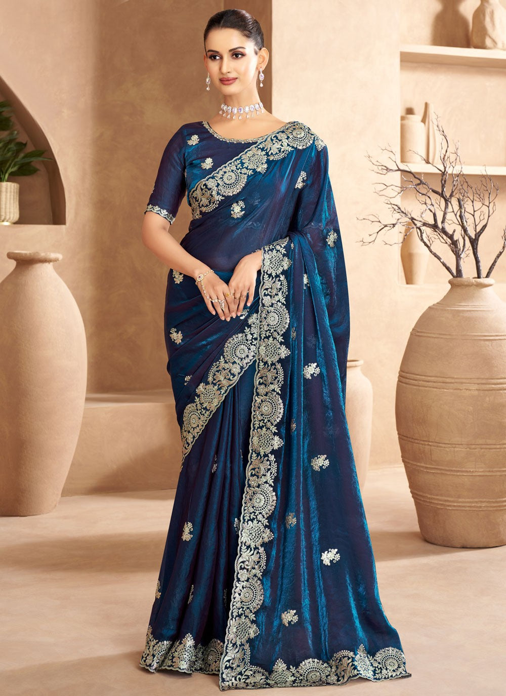 Classic Saree Cut Work Morpeach Satin Saree S13352