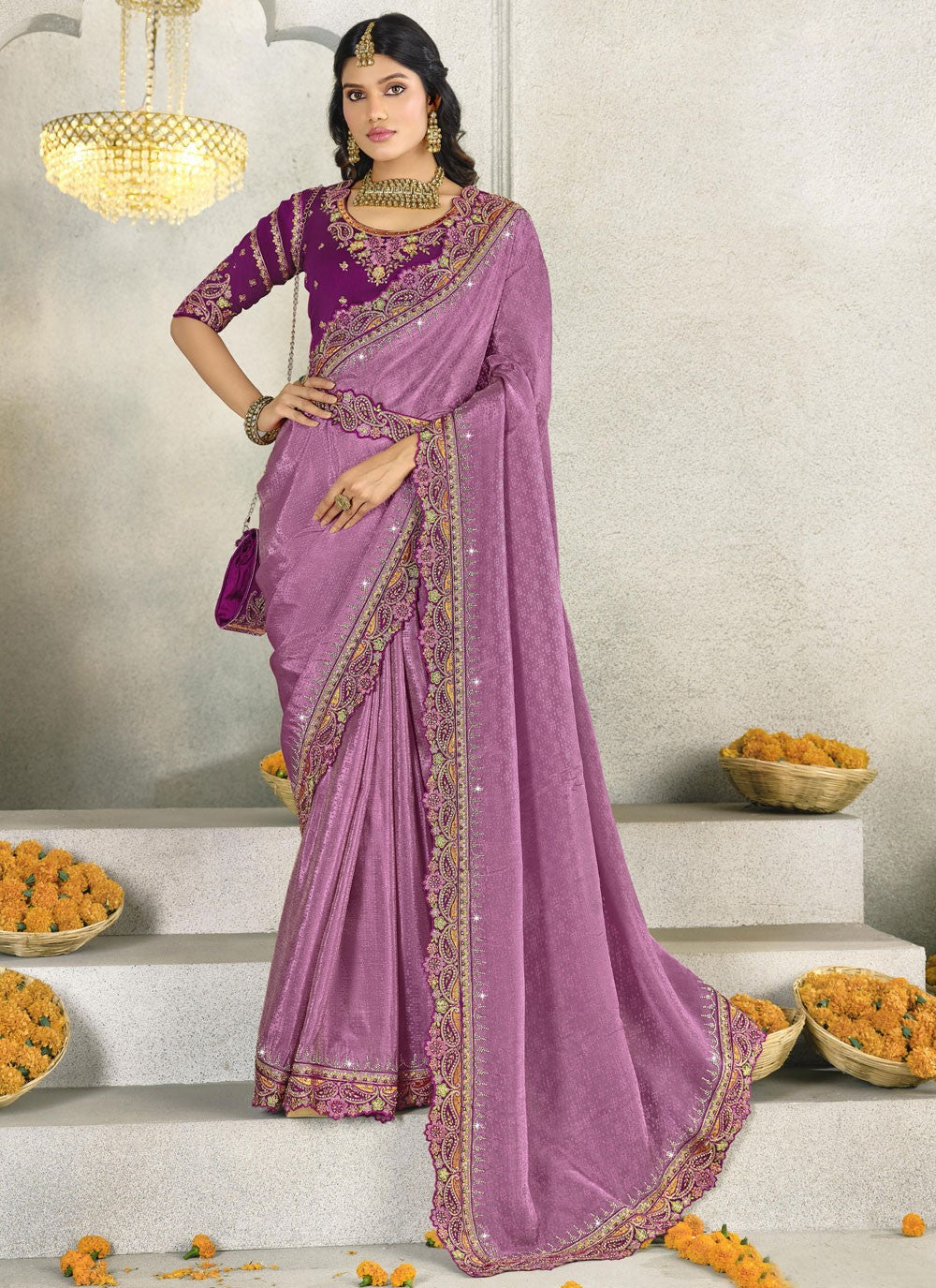 Border Work Silk Purple Classic Saree S15559