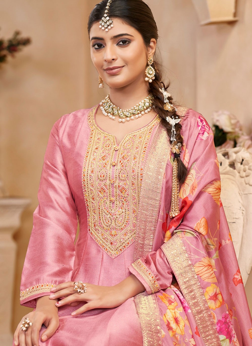 Embroidered Vichitra Silk Magenta Anarkali T5965