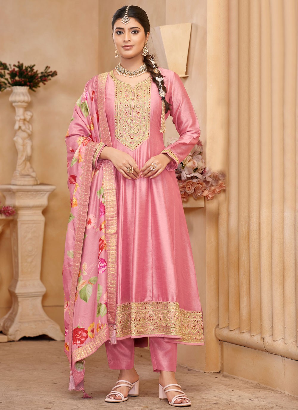 Embroidered Vichitra Silk Magenta Anarkali T5965