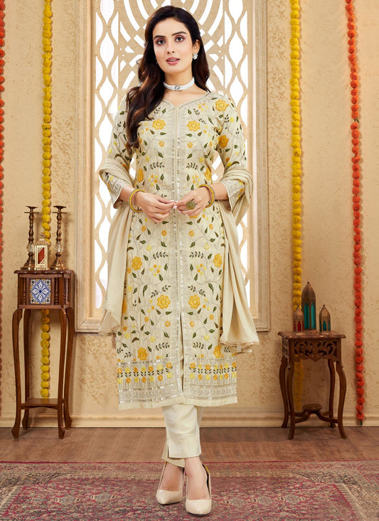 Pant Style Suit Embroidered, Zari Beige T7998