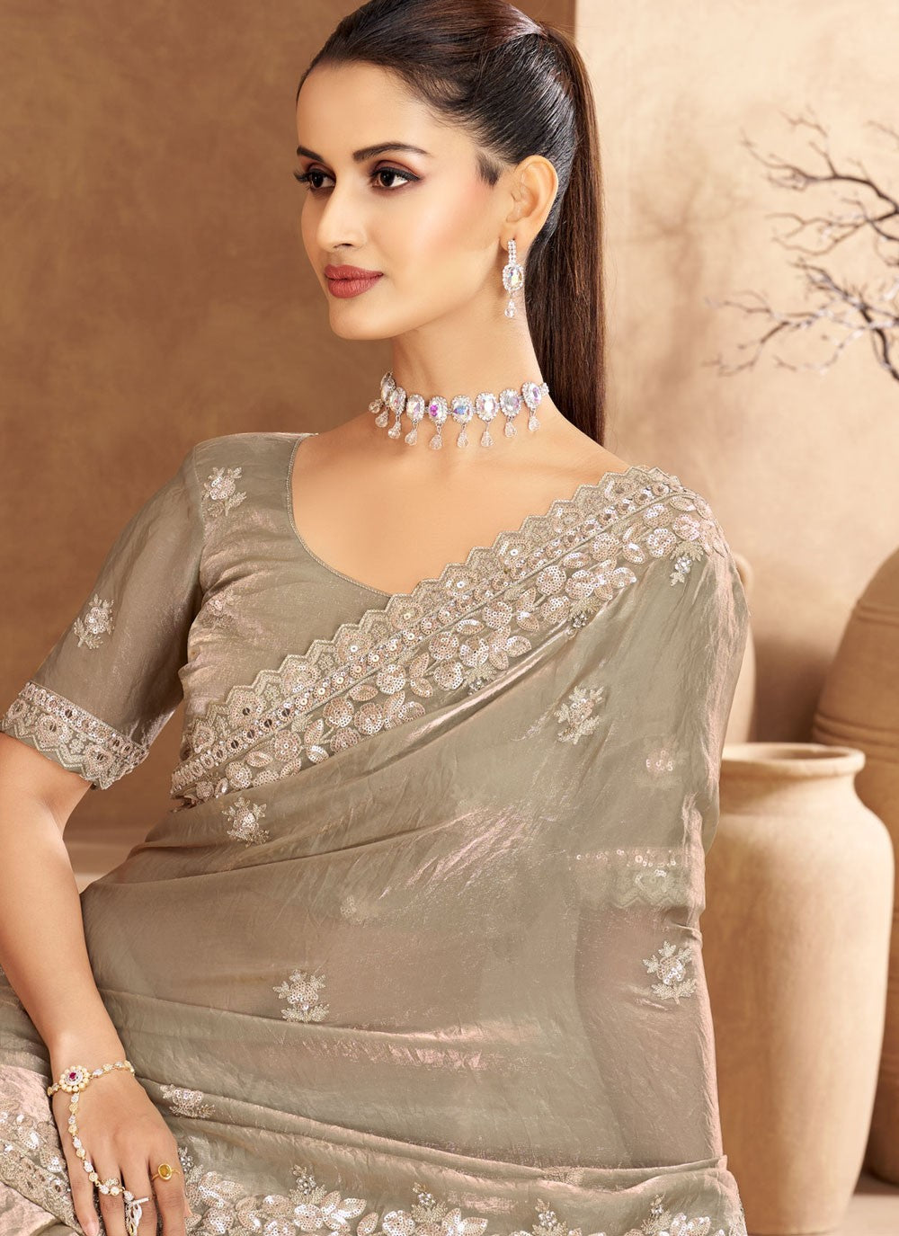 Contemporary Cut Work Grey Satin Saree S13358