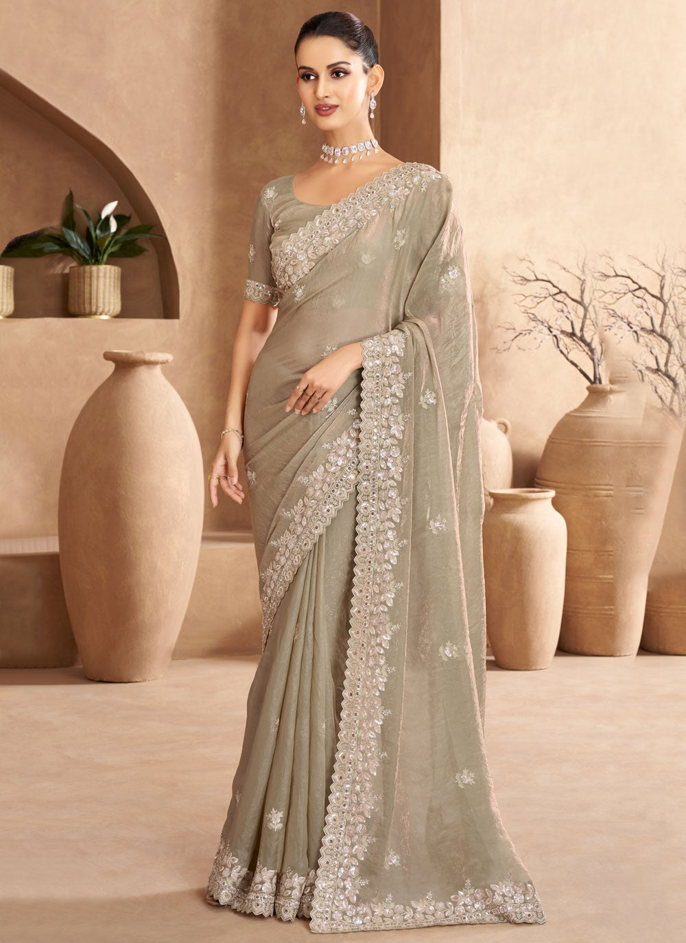 Contemporary Cut Work Grey Satin Saree S13358