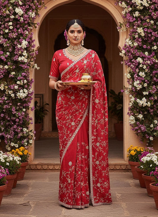 Red Satin Contemporary Saree Embroidered S20040