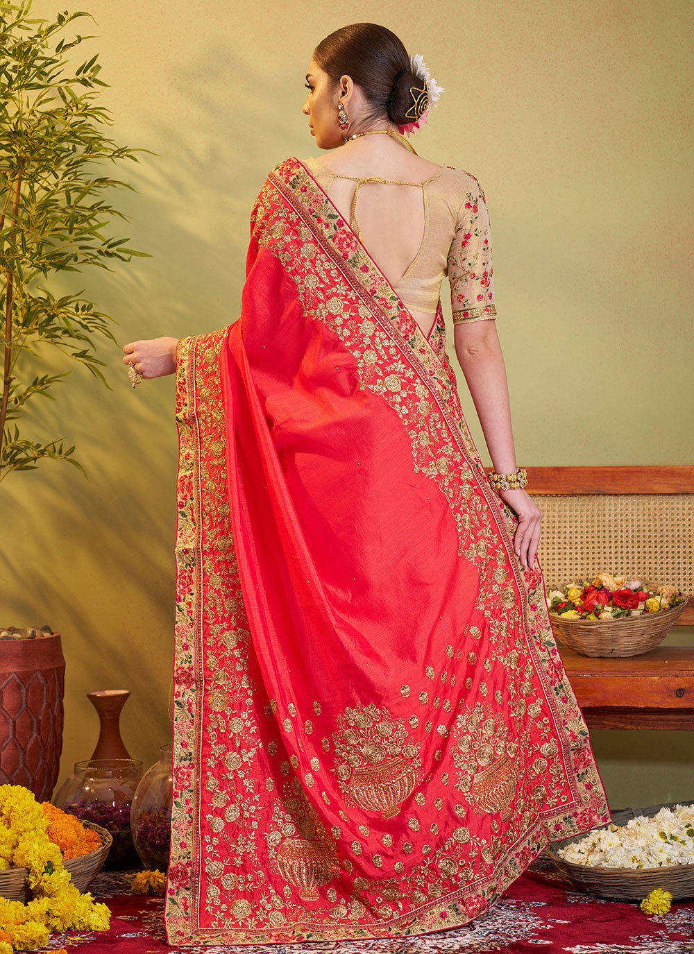 Embroidered Satin Silk Rust Saree S14731