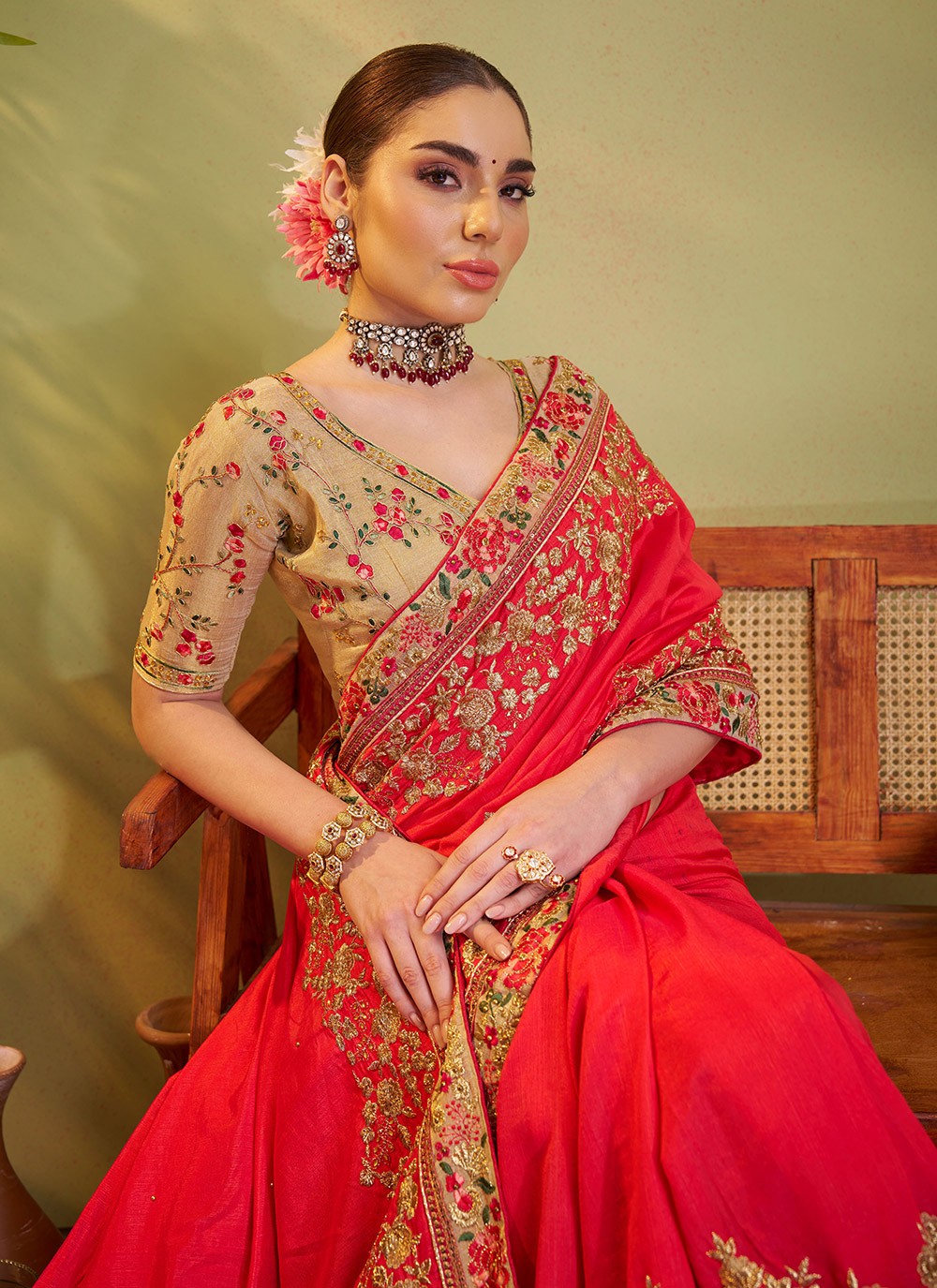 Embroidered Satin Silk Rust Saree S14731