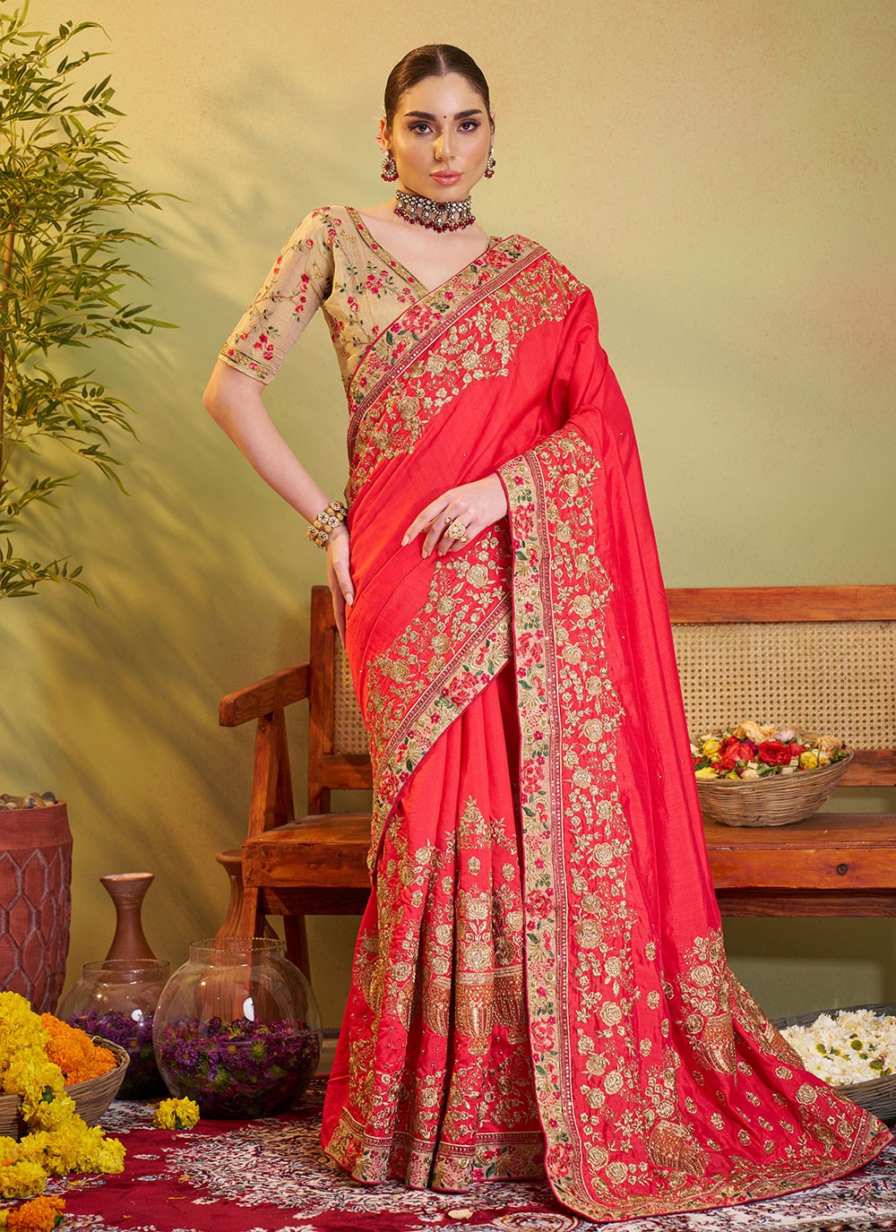 Embroidered Satin Silk Rust Saree S14731