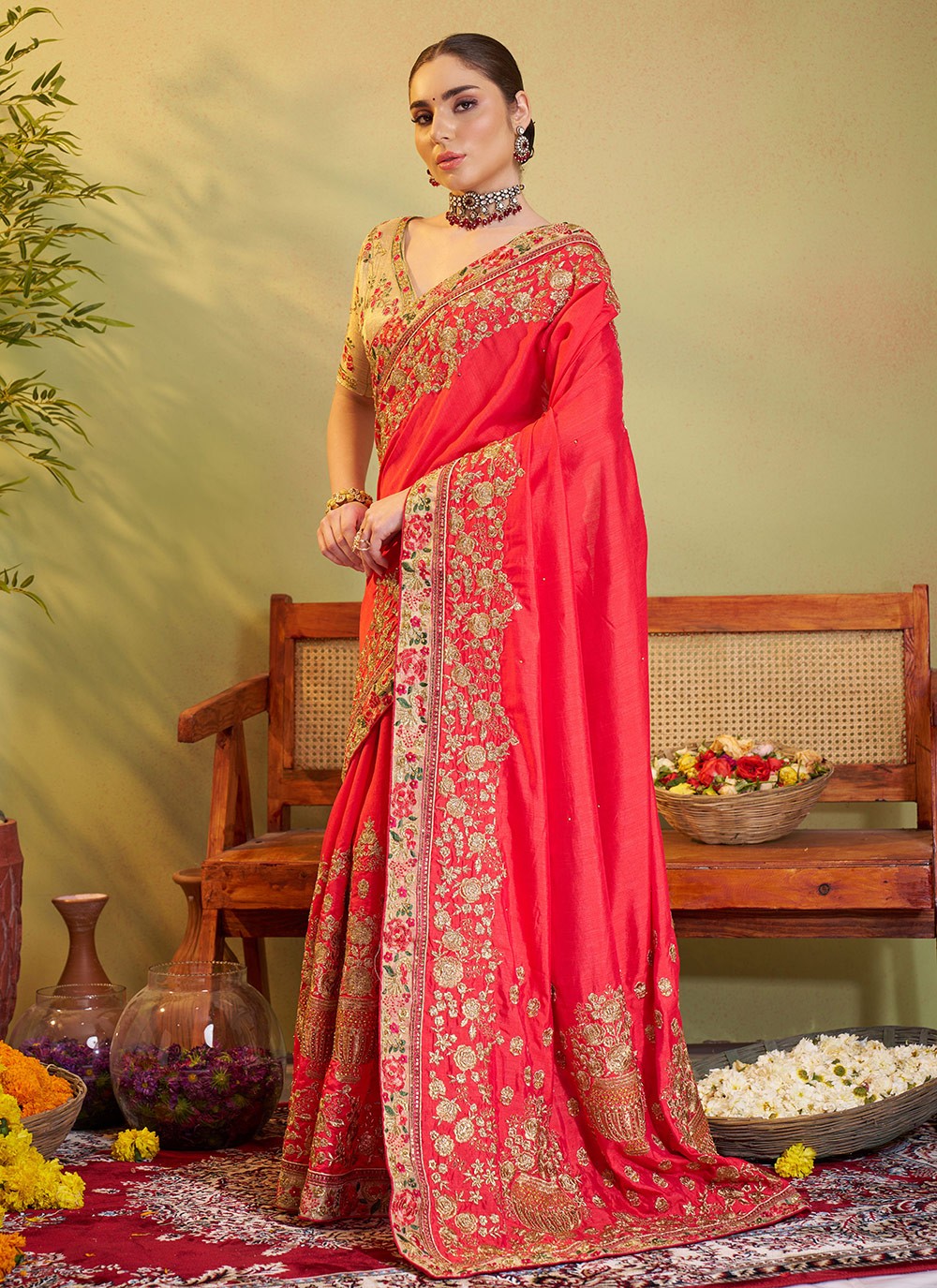 Embroidered Satin Silk Rust Saree S14731