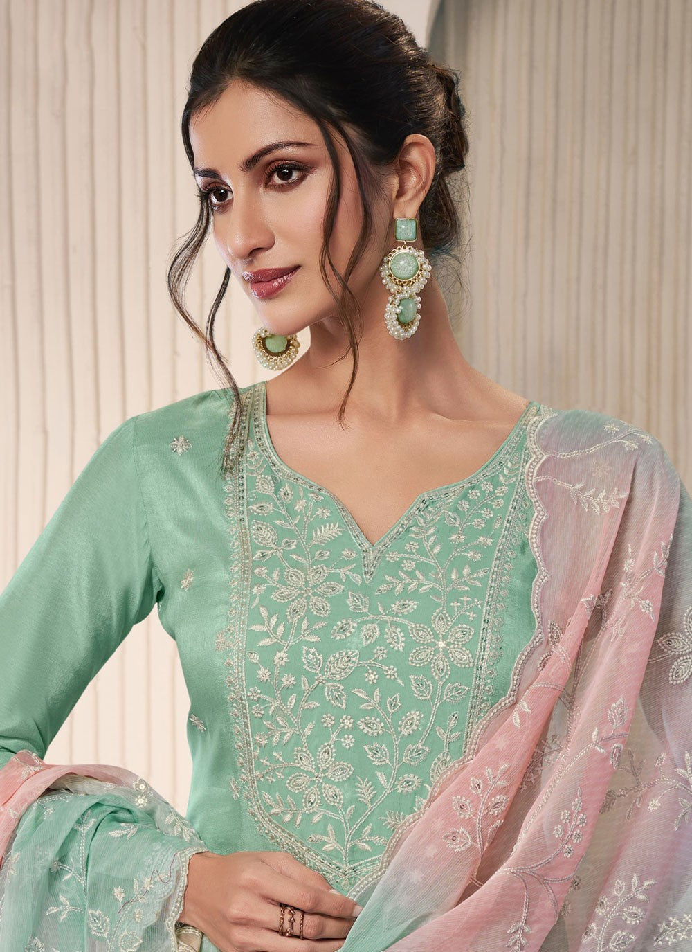 Pant Style Suit Embroidered, Thread Sea Green T7199