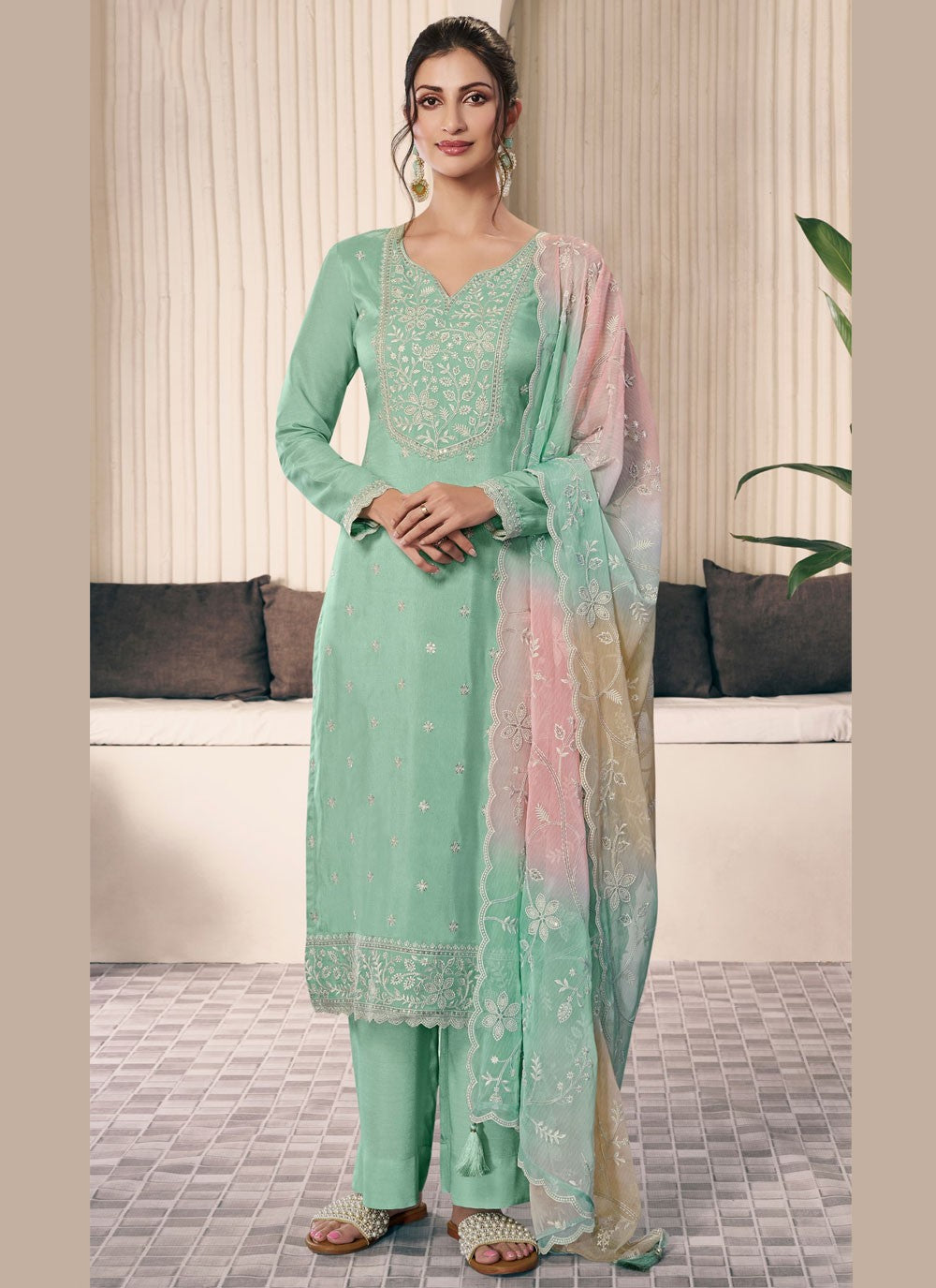 Pant Style Suit Embroidered, Thread Sea Green T7199