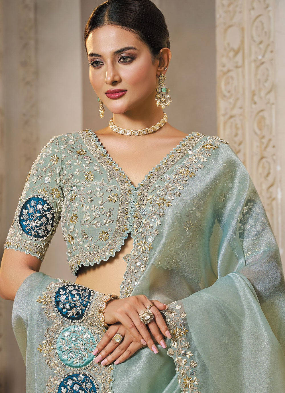 Sea Green Organza Classic Saree Embroidered, Sequins S20447
