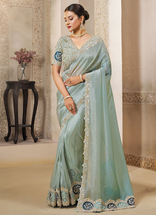Sea Green Organza Classic Saree Embroidered, Sequins S20447